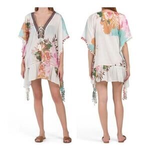 Z&L Europe Floral Print Airy  100% Cotton Pom-Pom Caftan Swim Cover Up OS